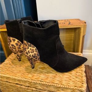 Black Suede Ankle Booties with Leopard-Print Heel